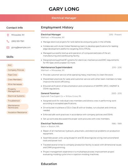Electrical Manager Resume