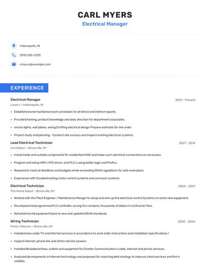 Electrical Manager Resume