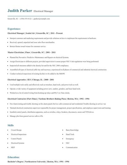Electrical Manager Resume