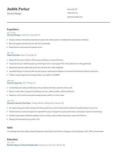 Electrical Manager Resume
