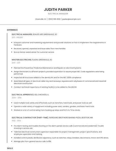 Electrical Manager Resume