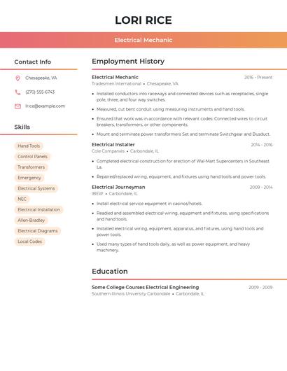 Electrical Mechanic Resume