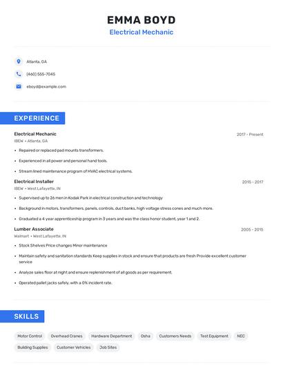 Electrical Mechanic Resume