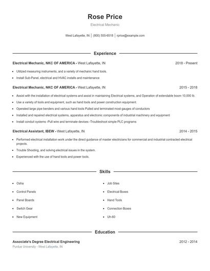 Electrical Mechanic Resume