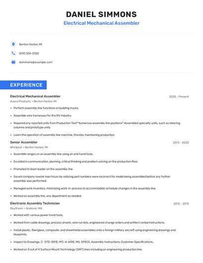 Electrical Mechanical Assembler Resume