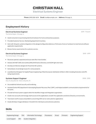 Electrical Systems Engineer Resume