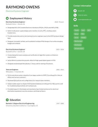 Electrical Systems Engineer Resume