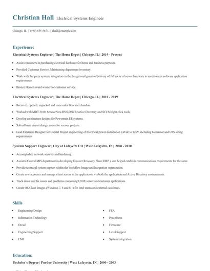 Electrical Systems Engineer Resume