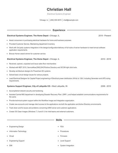 Electrical Systems Engineer Resume