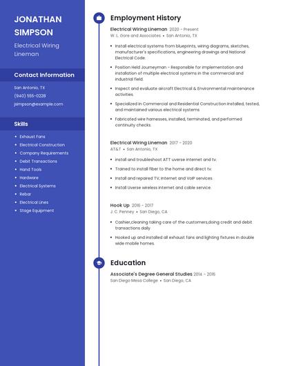 Electrical Wiring Lineman Resume