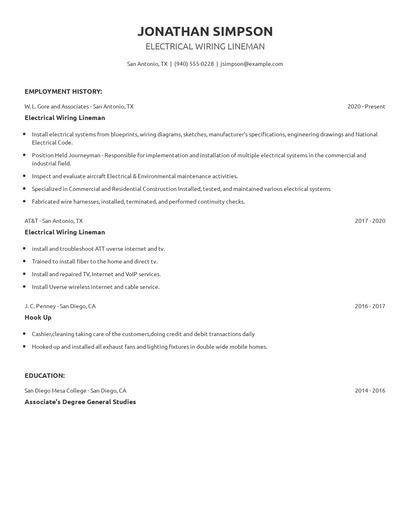 Electrical Wiring Lineman Resume