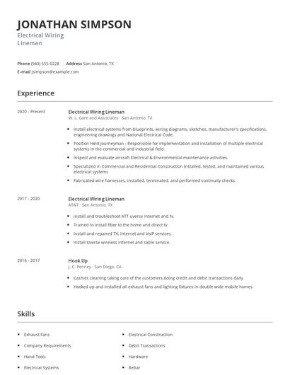 Electrical Wiring Lineman Resume