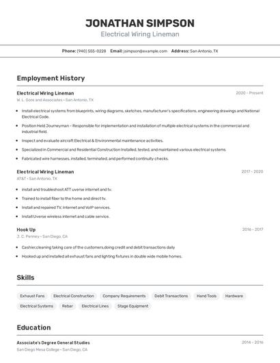 Electrical Wiring Lineman Resume