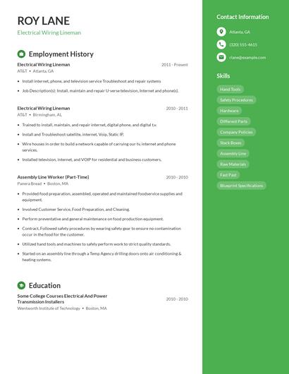 Electrical Wiring Lineman Resume