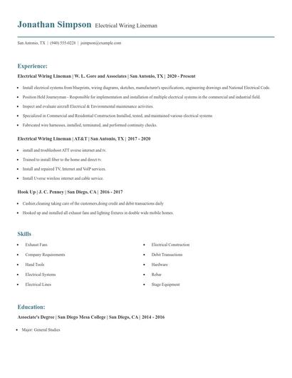 Electrical Wiring Lineman Resume