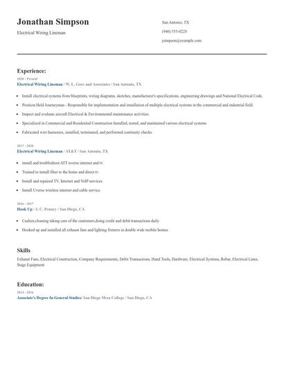 Electrical Wiring Lineman Resume