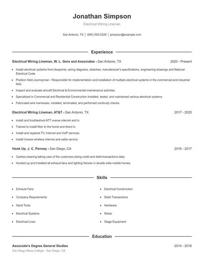 Electrical Wiring Lineman Resume