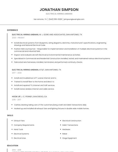 Electrical Wiring Lineman Resume