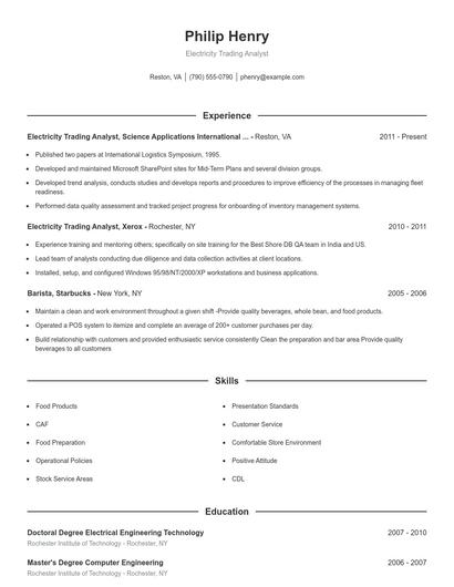 Electricity Trading Analyst Resume