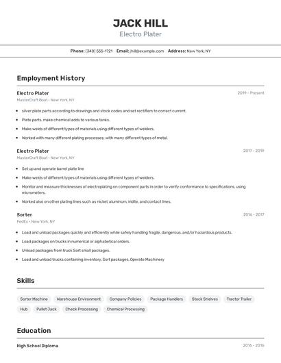 Electro Plater Resume