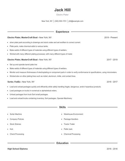 Electro Plater Resume