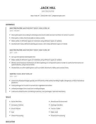Electro Plater Resume