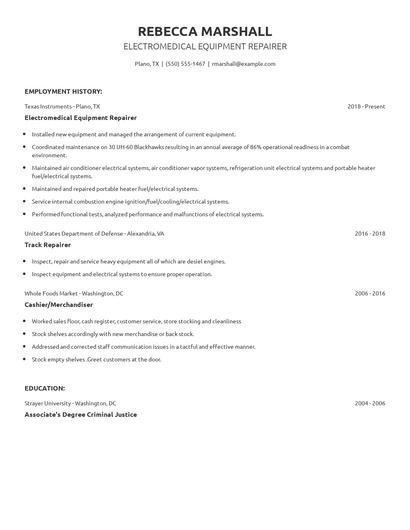 Electromedical Equipment Repairer Resume