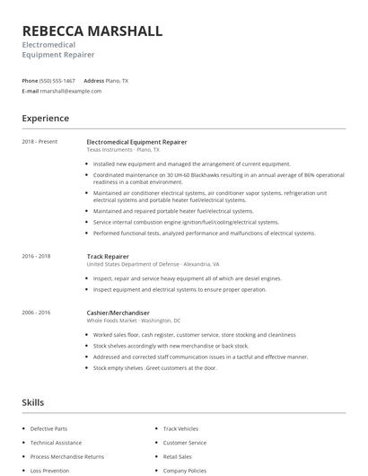 Electromedical Equipment Repairer Resume