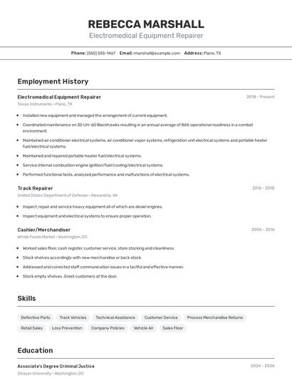 Electromedical Equipment Repairer Resume