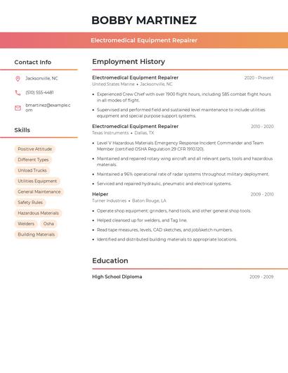 Electromedical Equipment Repairer Resume