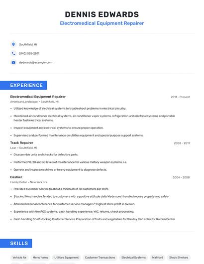 Electromedical Equipment Repairer Resume