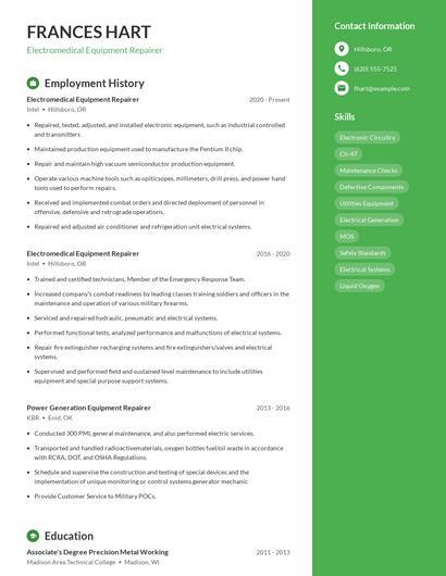Electromedical Equipment Repairer Resume