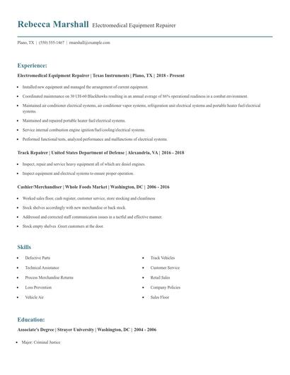 Electromedical Equipment Repairer Resume
