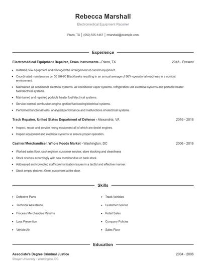 Electromedical Equipment Repairer Resume