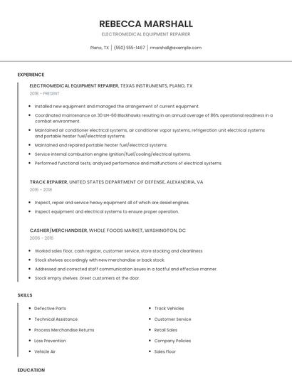 Electromedical Equipment Repairer Resume