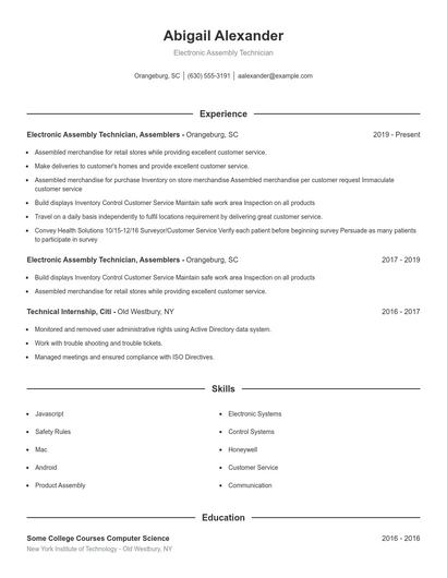 Electronic Assembly Technician Resume