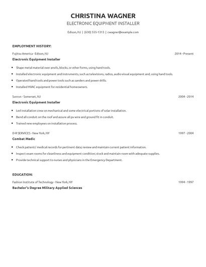 Electronic Equipment Installer Resume