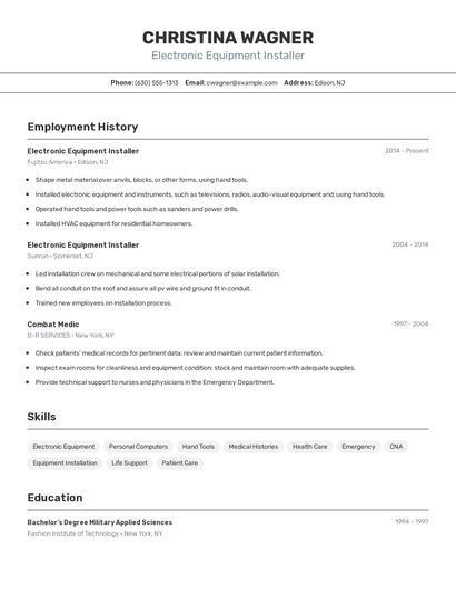 Electronic Equipment Installer Resume