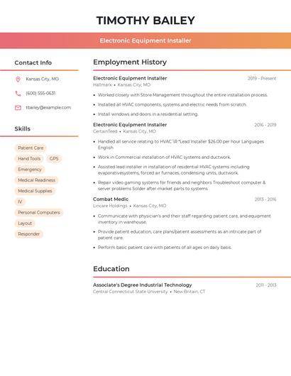 Electronic Equipment Installer Resume