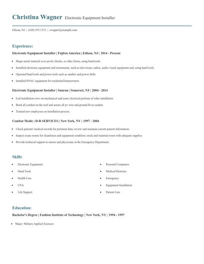 Electronic Equipment Installer Resume