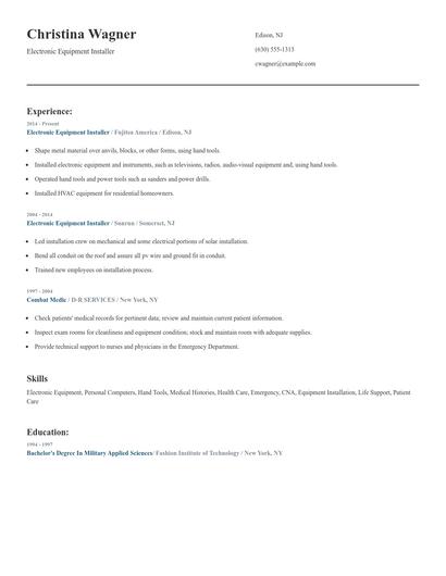 Electronic Equipment Installer Resume