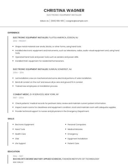 Electronic Equipment Installer Resume