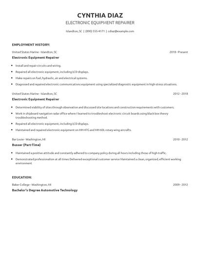 Electronic Equipment Repairer Resume