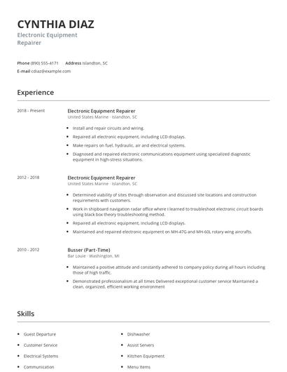 Electronic Equipment Repairer Resume
