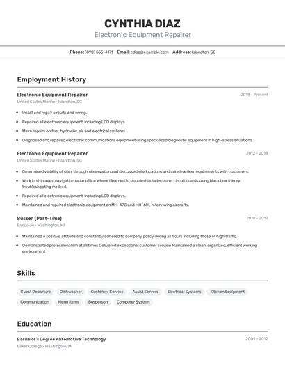 Electronic Equipment Repairer Resume