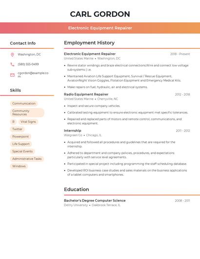 Electronic Equipment Repairer Resume