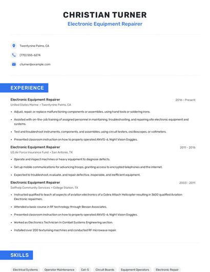 Electronic Equipment Repairer Resume