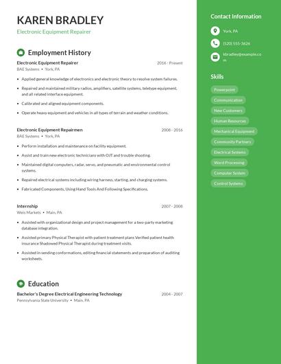 Electronic Equipment Repairer Resume