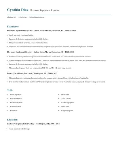 Electronic Equipment Repairer Resume