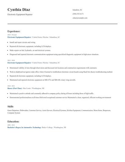 Electronic Equipment Repairer Resume